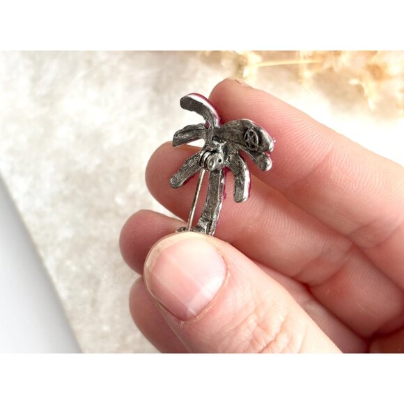 Fuchsia Pink Rhinestoned Palm Tree Figural Vintage Costume Jewelry Brooch - Picture 10 of 10